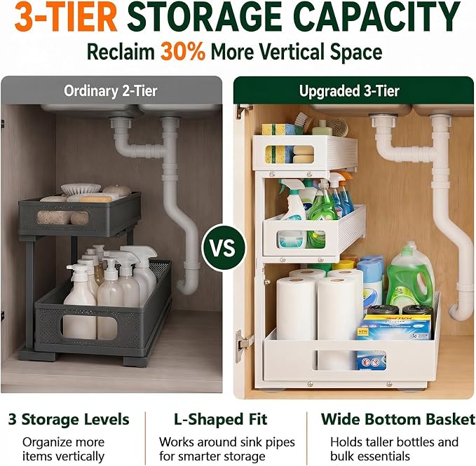 3 Tier Under Sink Organizer,2 Pack Pull Out Cabinet Shelves with Adjustable Height,Heavy Duty Carbon Steel L-Shaped Storage for Kitchen Bathroom Sink,Pantry & Laundry,White - Image 4