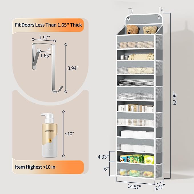 Yecaye Over Door Organizer, 60 lbs Load Capacity, Metal Hanging Storage with 6 Shelves for Toys, Bathroom, Nursery, Dorm Room, Grey,1Pc - Image 8