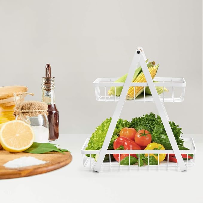 2-Tier Fruit Basket, Metal Fruit Bowl Bread Baskets Countertop Vegatable Storage Stand for Kitchen, White - Image 4