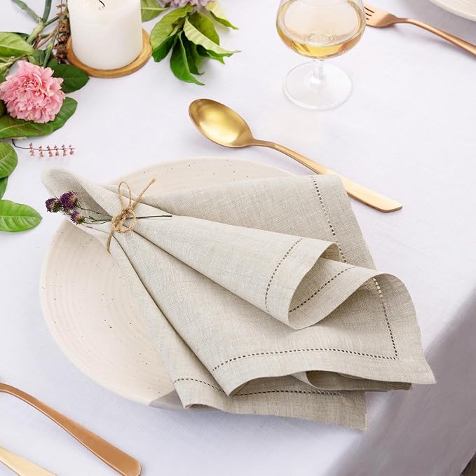 Signature Linen™ by D'Moksha Light Natural Dinner Napkins Set of 8, 20 x 20 Inch Cloth Napkins, 100% Pure Linen, Hemstitch, Machine Washable Table Napkins- Summer, Weddings, Outdoor hostings - Image 3