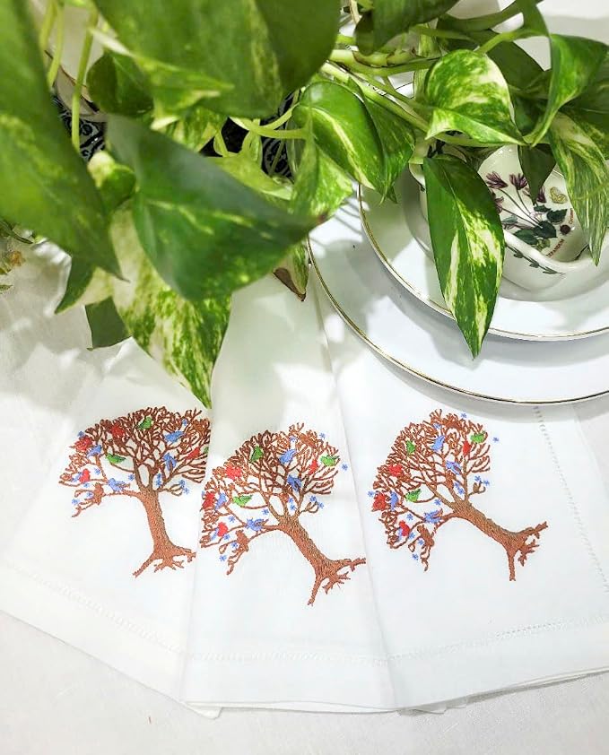 Embroidered Cotton Napkins with Tree of Life and Birds. Set of 6, 18"x18" White Table Napkins, Hemstitch Dinner, Party Napkins for Daily & Holidays, Events - Image 4