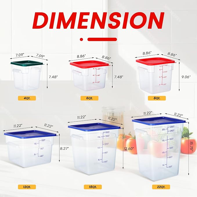 4 Pack 8QT Square Food Storage Containers with Lids | Clear NSF polycarbonate containers with scale, label and measuring cup, stackable for prep, storage, freezer. Dishwasher safe - Image 7