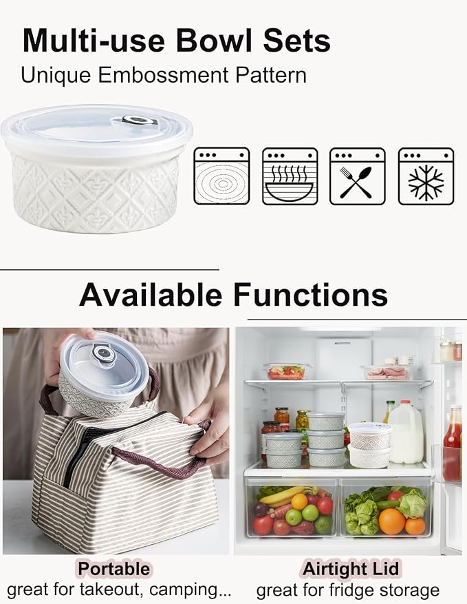 Ceramic Mixing Bowls with Lids Set of 4, Embossed Nesting Storage Bowls for Cooking, Serving, Salad, Popcorn etc, Microwave and Dishwasher Safe, Baking Dishes 12/16/28/40 oz (Gray) - Image 4