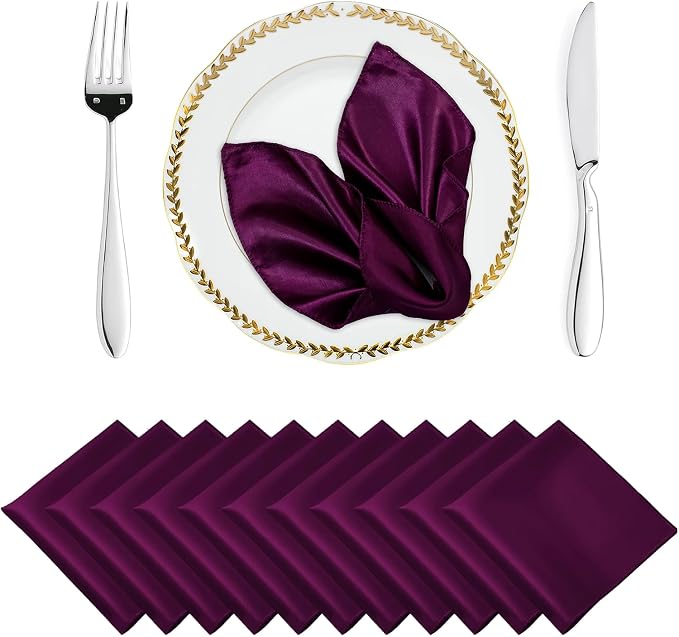MDS® Pack of 100 Satin Napkins 12 x 12 Inch, Soft Silky Reusable Cloth Dinner Table Napkins for Wedding Décor, Reception, Birthday, Parties, Banquets, Catering, Restaurants & Hotel - Eggplant by MDS