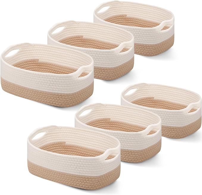 Sawysine 6 Pcs Storage Baskets Bulk for Organizing Cotton Rope Woven Basket with Handles for Gift Cloth Shelves Blanket Toys Living Room(Khaki and White) by Sawysine