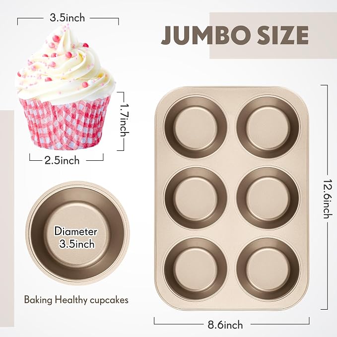 6 Pack Jumbo Nonstick Muffin Baking Pan Muffin Tins Heavy Duty Cupcake Tin Gold Carbon Steel Cup Cake Tray for Baking Cupcakes, Dishwasher Safe Small Muffins Tarts - Image 2