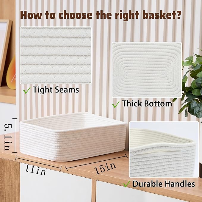 MiniArk Large Shallow Organizing Baskets 15x11x5.1 Inches - Rope Woven Storage Bins for Bathroom, Shelves, Cube Closet, Off White 2 Packs - Image 2