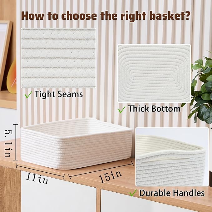MiniArk Large Shallow Organizing Baskets 15x11x5.1 Inches - Rope Woven Storage Bins for Bathroom, Shelves, Cube Closet, Off White 3 Packs - Image 2