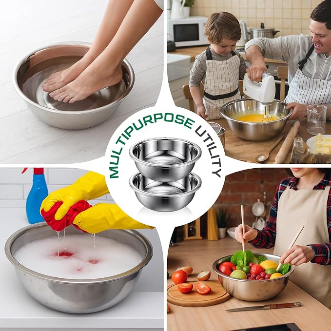 2 Pack 12 Quart 304 Stainless Steel Mixing Bowl Flat Bottom Large Steel Big Prep Mixing Bowl for Salad Kitchen Dish Washing Pan Cooking Baking Meal Home Produce Eater with Hole, 15.7 Inch - Image 4