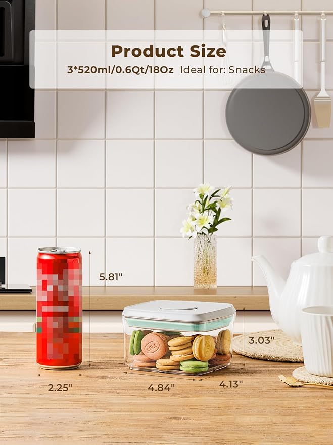 0.6 Qt Airtight Snack Containers, 3 Pack Small Pop Top Pantry Jars | Stackable Pantry Jars With One-Touch Airtight Lids For Snacks, Nuts, Candy, Coffee, Sugar, Tea Bags And Baking Ingredients - Image 3