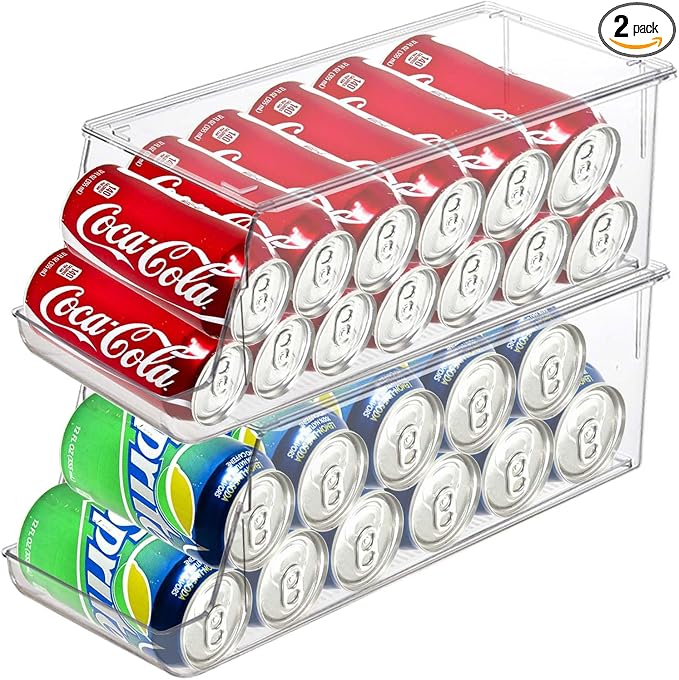 euoloar 2 Pack Soda Can Organizer for Refrigerator Stackable Can Holder Dispenser with Lid for Fridge Rack Freezer, Clear Storage Bins-Holds 12 Cans Each (Clear) by Unknown