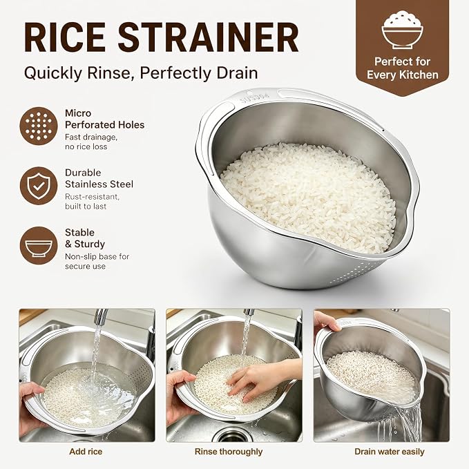 Palksky Rice Strainer & Rice Washing Bowl Stainless Steel - 5.6 Qt Professional Fine Mesh Rice Washer for Kitchen - Heavy Duty Rice Rinser, Cleaner & Drainer Colander for Quinoa, Grains & Fruit - Image 4