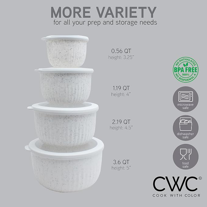 COOK WITH COLOR Prep Bowls with Lids- Wide and Deep Nesting Plastic Small Mixing Bowl Set with Lids, 8 Piece Set - Deep Bowls, Speckled White - Image 4