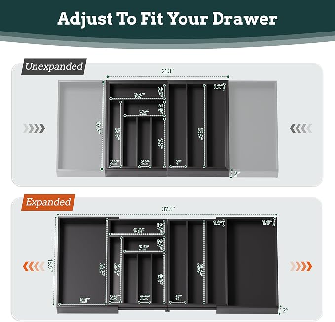 Bamboo Expandable Silverware Drawer Organizer 11 Slots Utensil Holder Black | Magnetic Adjustable Connection, 21-37.4 Inch Telescopic, 11 Divided Compartments, Black Bamboo, Classify All Kitchen Flatware - Image 4