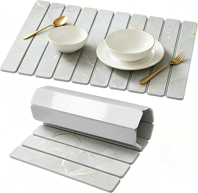 Stone Drying Mat for Kitchen Counter, Quick Diatomaceous Earth Mats for Dishes, 24"L x 16" W Super Absorbent Fast-Drying Collapsible Countertop Stone Mat (Marble White Yellow, 24" x 16") by Unknown