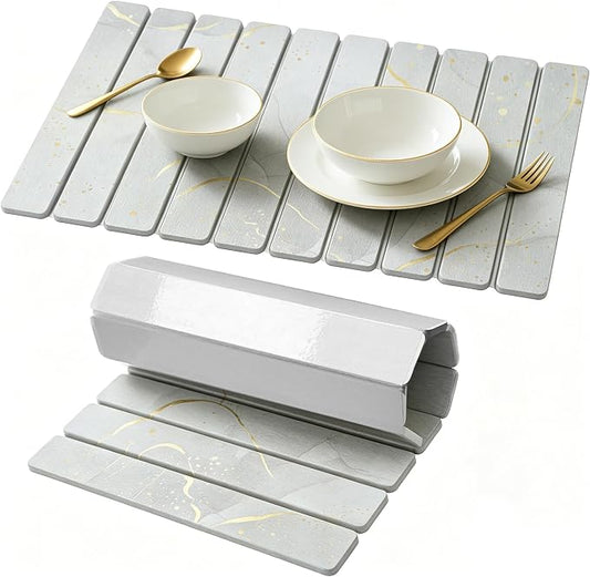Stone Drying Mat for Kitchen Counter, Quick Diatomaceous Earth Mats for Dishes, 24"L x 16" W Super Absorbent Fast-Drying Collapsible Countertop Stone Mat (Marble White Yellow, 24" x 16") by Unknown