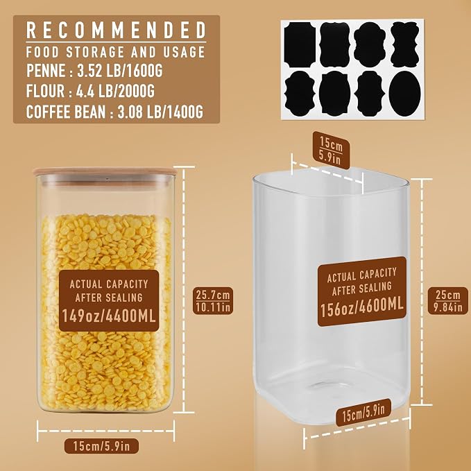 D2scrma 149oz Airtight Glass Square Storage Canister with Bamboo Lid Set of 2(4400ml*2) Large Gallon Glass Jars for Sugar, Flour, Cookies and Coffee beans (‎with Black Lable) - Image 2