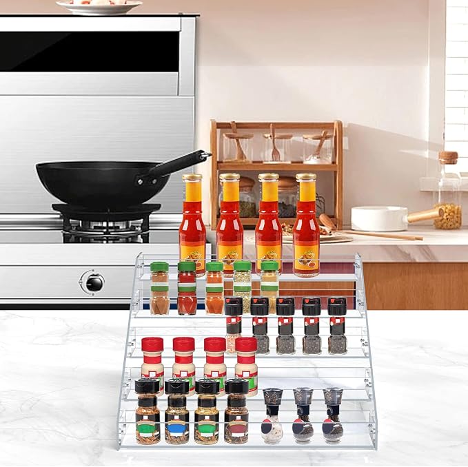 PMMASTO Tiered Spice Rack, Seasoning Organizer, Clear Acrylic Vertical Shelves Can Organizer for Countertop, Cabinet, Pantry, Kitchen Organization and Storage - 5 Tier - Image 3