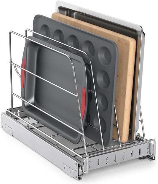 NestSprout Pull Out Cabinet Organizer for Cutting Board, Cookie Sheet, Baking Sheet, Stainless Steel Sliding Rack for Bakeware & Trays, Heavy-Duty Cutting Board Organizer 9”W x 16.5”D | Stainless Steel Sliding Rack for Bakeware & Trays, Heavy-Duty Cutt... by NestSprout