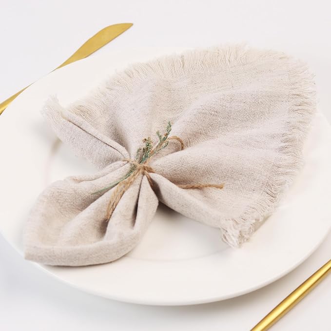 Handmade Cloth Napkins with Fringe,18 x 18 Inches Cotton Linen Napkins Set of 6 Versatile Handmade Square Rustic Fringe Napkins for Dinner, Wedding and Parties, Natural Linen by Dololoo