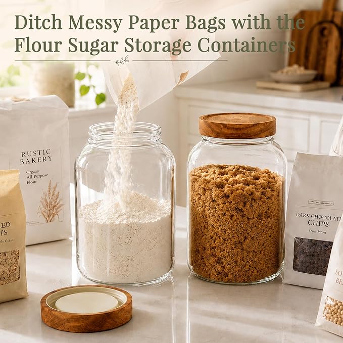 CONNOO 2Pcs-135oz Flour Sugar Storage Containers with Wood Lids | 1 Gallon Large Pantry Containers, Perfect for Flour, Sugar, Rice, Cereal & Dry Food Storage, Includes 120 Waterproof Labels - Image 2