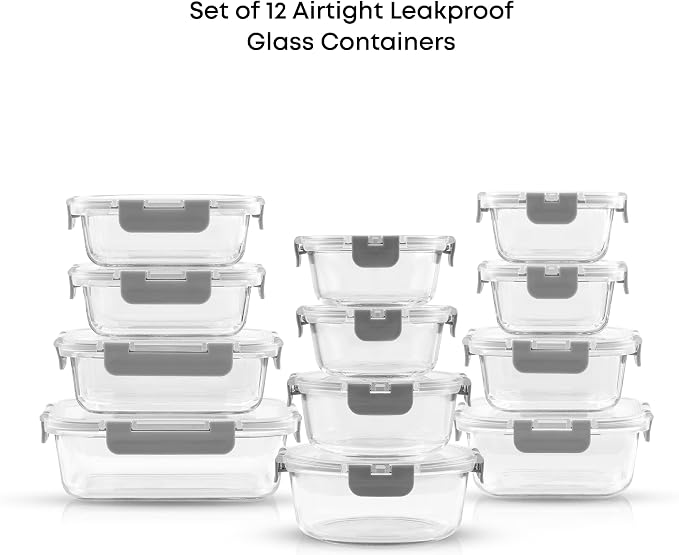JoyJolt 24pc Borosilicate Glass Storage Containers with Lids | 12 Airtight/Freezer Safe Food Storage Containers for Pantry and Kitchen | Meal Prep Container for Lunch | Glass Tupperware Set - Image 9