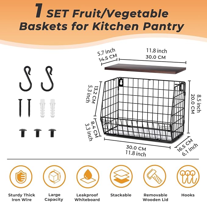 Wawocs Fruit Basket for Kitchen Counter, Fruit Bowl Stackable Wall Mounted Hanging Fruit Basket Wire Basket with Wood Lid with Banana Hanger Hooks, Onion,Potato,Fruit and Vegetable Storage - Image 4