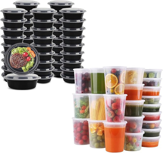 WGCC Meal Prep Containers 50Pack 32oz Bowls and Deli Containers with Lids 48 Sets-8oz, 16oz, 32oz, Leakproof, BPA Free/Microwave/Freezer/Dishwasher Safe by WGCC