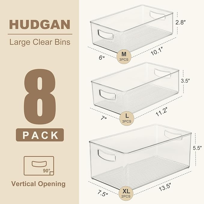 Hudgan 8 Pack Freezer Organizer Bins,Stackable,Clear Bins for Fridge,Pantry | Straight Side, 3 Sizes, 2 XL Storage Container, 3 Large Cabinet Organizer, 3 Medium Storage Drawer - Image 4