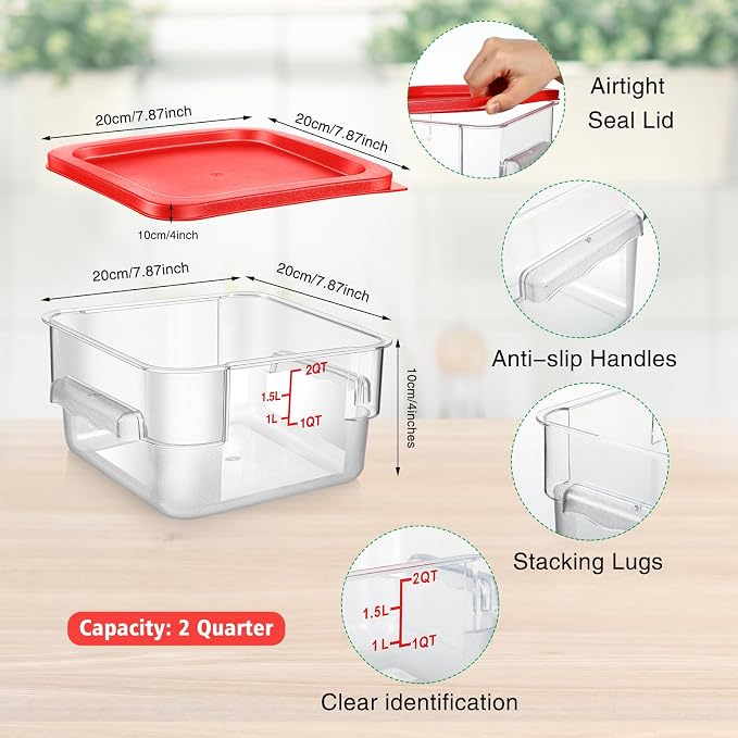 2 Pcs Square Food Storage Container Polycarbonate Clear Food Container with Lid Commercial Rice Storage with Graduations for Commercial Kitchen(2 Qt,Red) - Image 2