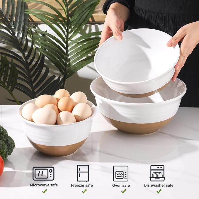 HASENSE Mixing Bowls, Large Ceramic Salad Bowls 2.1/1.5/1.0 Qt, Versatile Serving Bowls for Cooking, Baking, Salad Mixing, Prepping, Nesting White Bowl Set, Dishwasher Safe, Set of 3 - Image 5