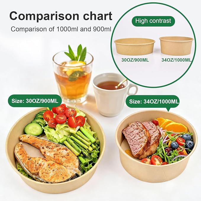 30oz Large Disposable Paper Bowls with Lids, 50 Sets Meal Prep Containers Leakproof Acai Bowls, Salad Bowl with Lid Freezer Safe, Great for Hot Cold Food Party Camp Lunch To Go - Image 2