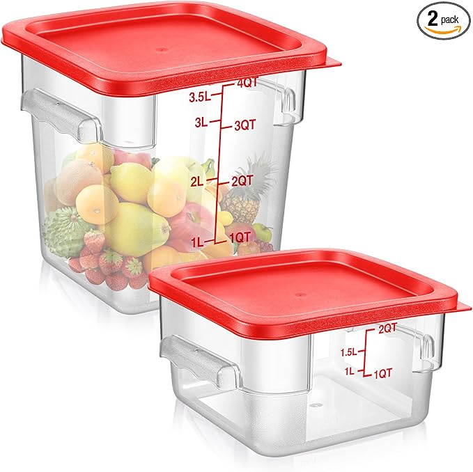 2 Pcs Square Food Storage Container Polycarbonate Clear Food Container with Lid Commercial Rice Storage with Graduations for Commercial Kitchen(2 Qt,4 Qt,Red) by Suclain