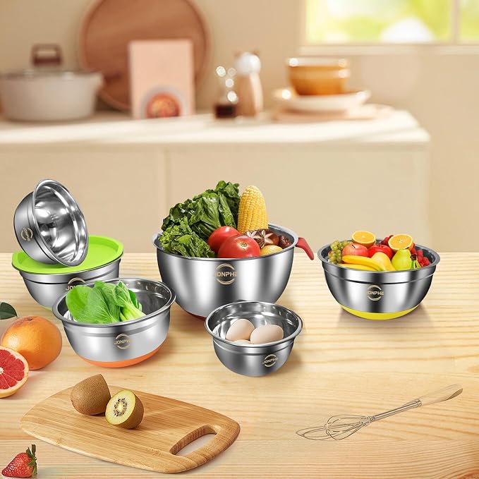 Stainless Steel Mixing Bowls with Airtight Lids, Nesting Bowls Set, 3 Grater Attachments & Non-Slip Silicone Bottoms, Size 5, 2.5, 2,1.5, 1, 0.7QT, Great for Mixing & Serving - Image 6