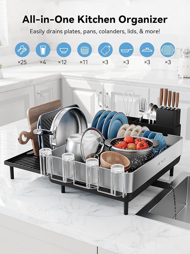 Large Dish Drying Rack, Expandable Dish Racks for Kitchen Counter, Space Saving 304 Stainless Steel Drying Rack Kitchen, Extra Large Drainer with Multifunctional Flip Up Pegs, Black - Image 2