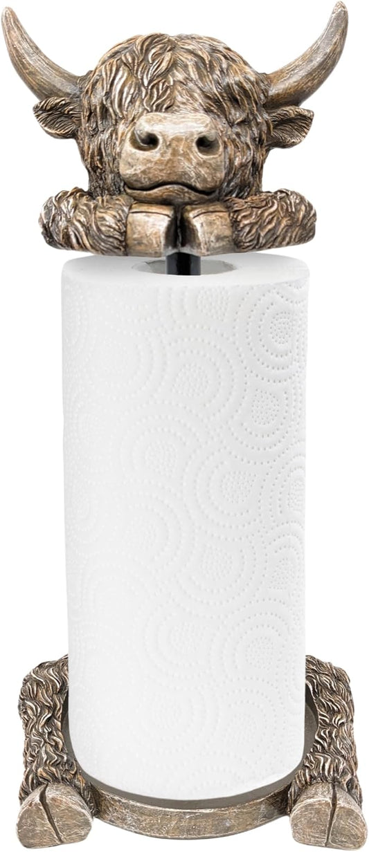Rustic Highland Cow Paper Towel Holder - Resin Metal Farmhouse Decor Stand | Unique country-style kitchen/dining countertop organizer, adorable animal figurine display, ideal gift, fits standard rolls by AMAJY