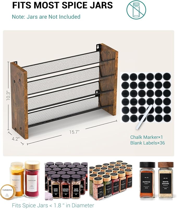 NESAPTO Spice Rack Organizer for Cabinet, Wood 4-Tier Vertical Seasoning Organizer, Wall Mount or Countertop Spice Shelf, Holds 32 Jars (No Jars Included), 15.7" W x 10.3" H - Image 2