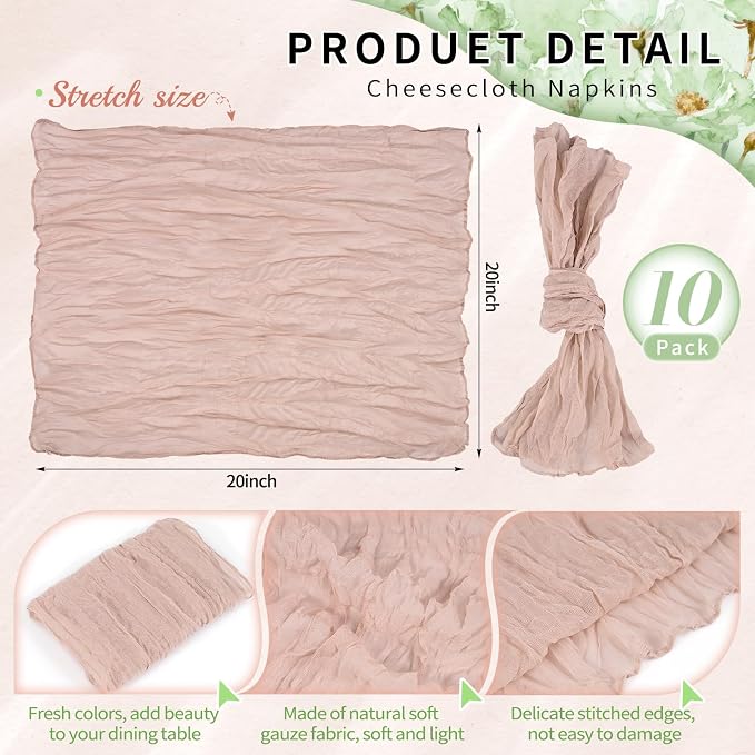 10 Pack Dusty Pink Cheesecloth Napkins 20"x20" Boho Washable Cloth Napkins Set of 10 Wrinkled Cheese Cloth Napkins Gauze Dinner Table Napkin for Wedding Party Baby Shower Birthday Decor - Image 2