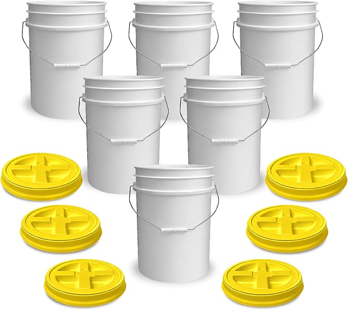 5 Gallon Bucket - Food Grade w/Lid BPA-Free, White/Yellow, 6 | Airtight Gamma Seal Screw-On Lid, Heavy-Duty 90 Mil HDPE Plastic, Food Safe and Durable Container, Bulk Storage, Made in USA by ePackageSupply
