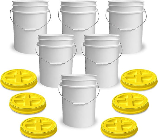 5 Gallon Bucket - Food Grade w/Lid BPA-Free, White/Yellow, 6 | Airtight Gamma Seal Screw-On Lid, Heavy-Duty 90 Mil HDPE Plastic, Food Safe and Durable Container, Bulk Storage, Made in USA by ePackageSupply