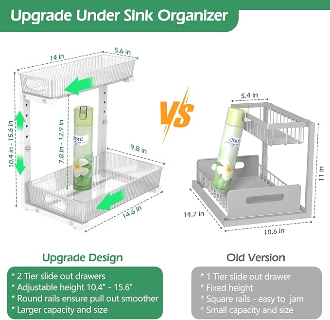ADRIMER Under Sink Organizer 2 Packs, Pull Out Kitchen Sink Organizer, 2 Tier Slide Out Kitchen Organizers and Storage Bathroom Under Cabinet Storage Shelf, Transparent & White - Image 2