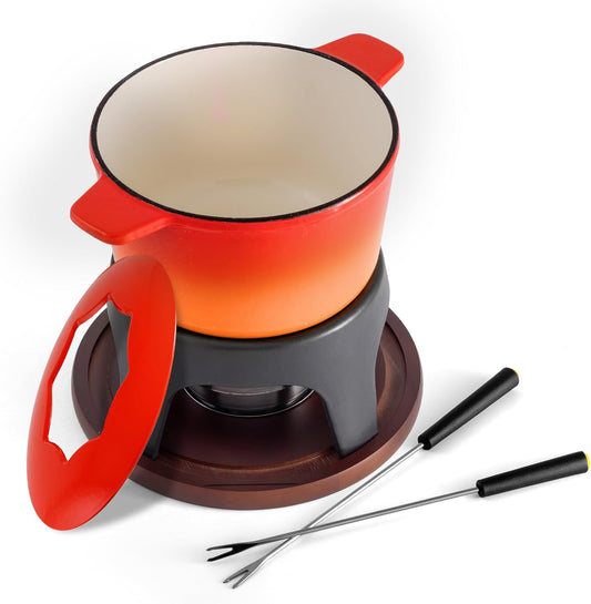 Swissmar Sierra Cast Iron Fondue Set, 1.6 Quart / 1.6 Liter – Perfect for Meat, Cheese, & Chocolate Fondues – Ideal for Family Bonding & Hosting Gifts - 12-Pieces, Gradient Orange