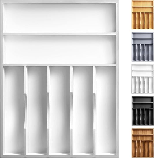 Kitchen Bamboo Silverware Organizer, Kitchen Drawer Organizer - Utensil Holder and Cutlery Tray with Grooved Drawer Dividers for Flatware 7 Slot, White by oridom