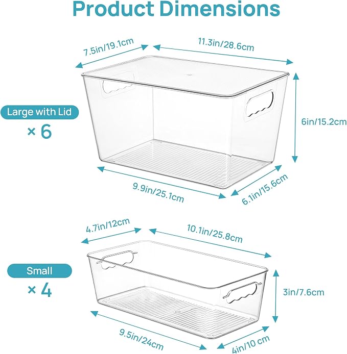 Vtopmart 10 Pack Clear Storage Bins with Lid Set for Pantry Organizer | 6 Large and 4 Small Plastic Pantry Storage Bins with Handle, Storage Containers for Pantry, Kitchen, Fridge, Cabinet - Image 2