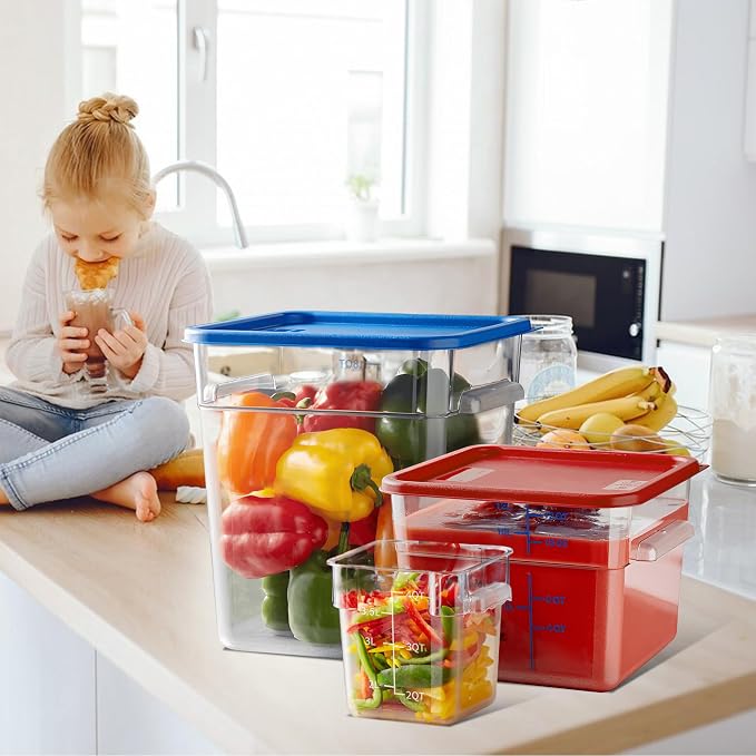 4 Pack 6QT Square Food Storage Containers with Lids | Clear NSF polycarbonate containers with scale, label and measuring cup, stackable for prep, storage, freezer. Dishwasher safe - Image 8