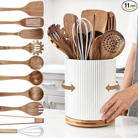 SiliFine 11 Pcs White Wooden Kitchen Utensils Set with 360° Ceramics Rotating Holder Acacia Wood Cooking Utensils with Cooking Spoons Spatulas Nonstick Cookware Countertop(White) by SiliFine