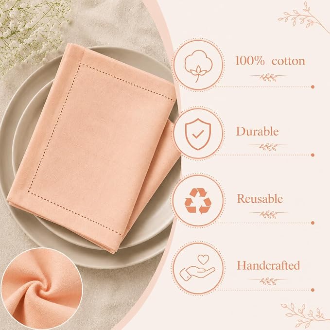 Cotton Cloth Napkins Set of 12, 18x18 Cotton Napkin Cloth Washable, Soft, Reusable Napkins for Wedding, Parties, Christmas, Thanksgiving, Everyday Use (Petal Peach) - ALPHA Living HOME - Image 5