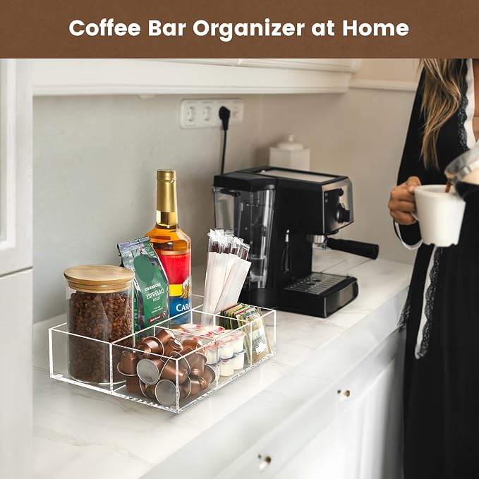 BEYGORM Acrylic Coffee Bar Station Organizer for Countertop | Office Breakroom Clear Snack Tea Storage Accessories Holder for Kcup Pod Condiment Cup Creamer Syrup, Gift for Coffee Lovers - Image 5