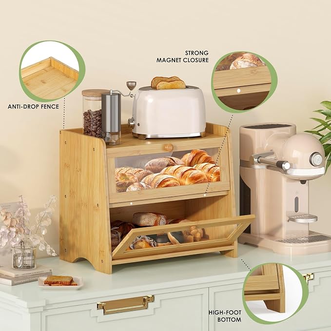 Double Layer Bread Box Container for Kitchen Countertop Homemade Bread | Large Breadbox Storage Wooden Farmhouse Bread Holder (Bamboo, Medim-15.7" L x 9.5" W x 13" H) - Image 4