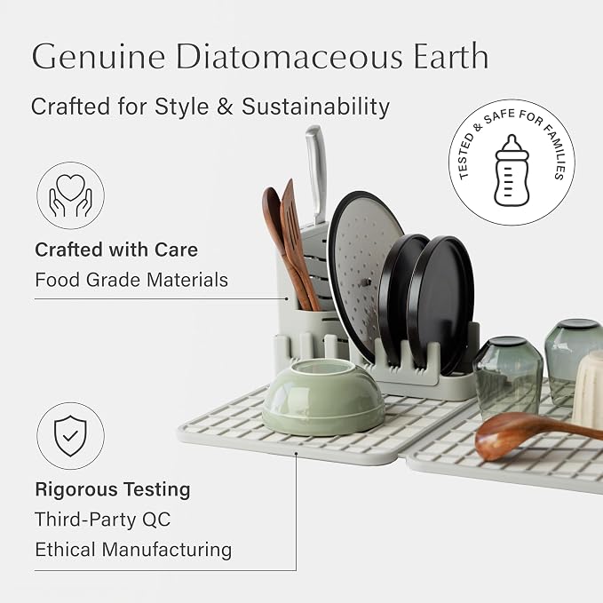 Dorai Home Collapsible Dish Drying Rack with Stone Dish Pad - Kitchen Counter Set with Diatomaceous Earth Stone Dish Mat for Quick Drying - Space-Saving Design - Large 24.6" x 16.5", Sandstone - Image 3